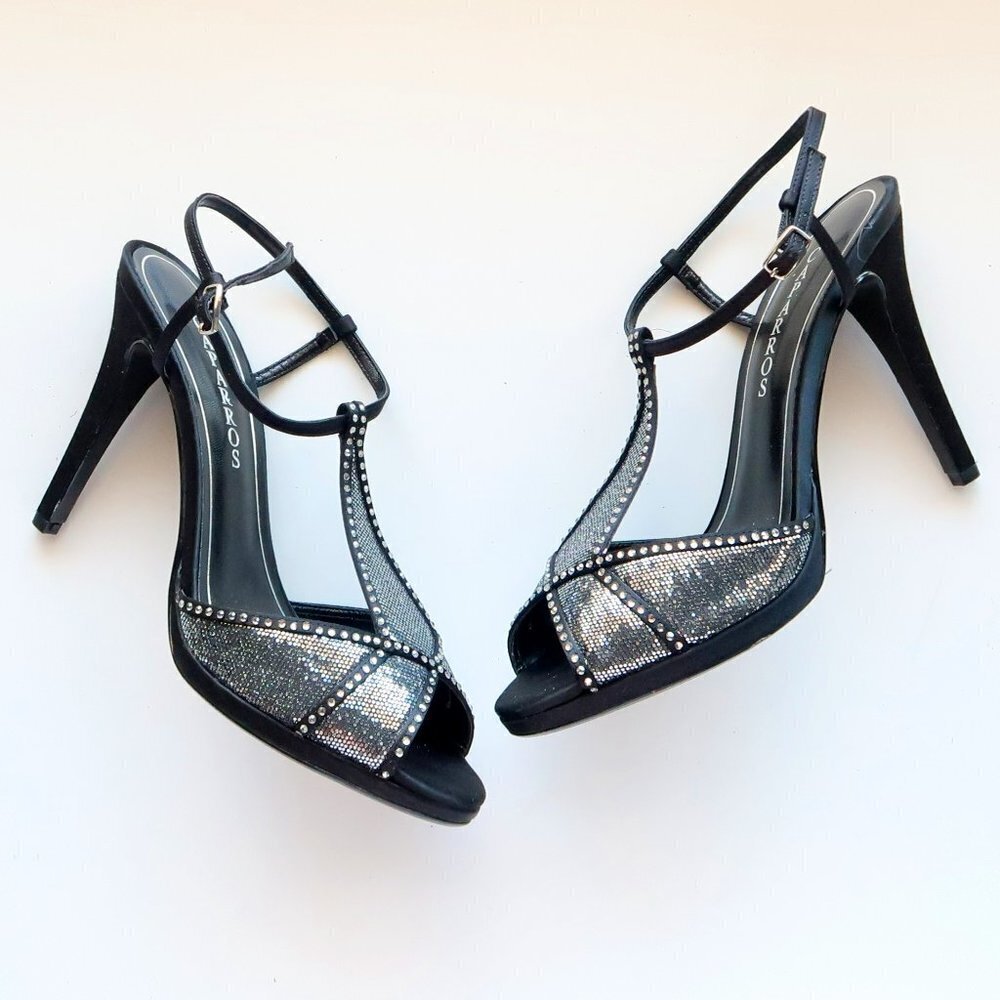 Caparros Black Satin & Rhinestone Slingback Peep Toe Heels Sandals Disco Shoes